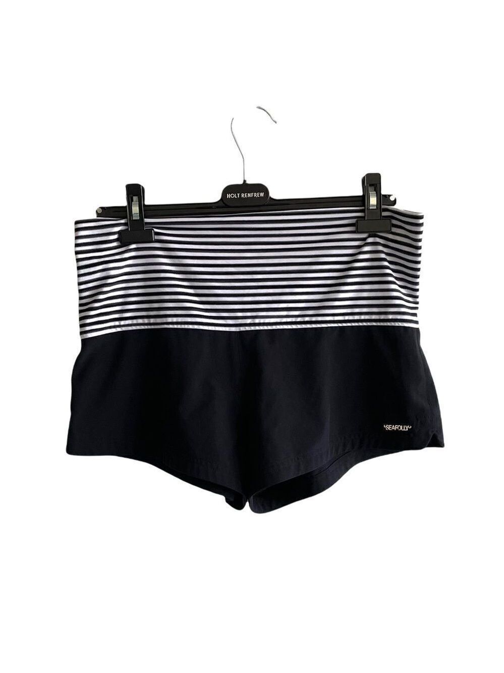 SEAFOLLY Fold Over Swim Coverup Shorts Black & White Stripe Top Black Bottoms L